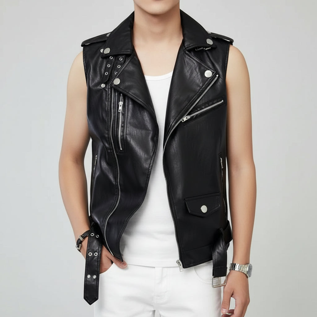 Men's Black Belted Vest Leather Jacket