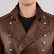 Men's Brown Double-Breasted Leather Military Jacket — Bilney