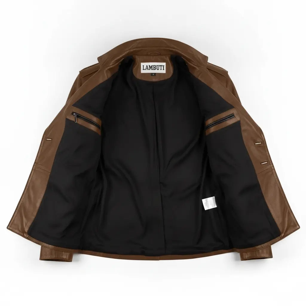 Men's Brown Double-Breasted Leather Military Jacket — Bilney