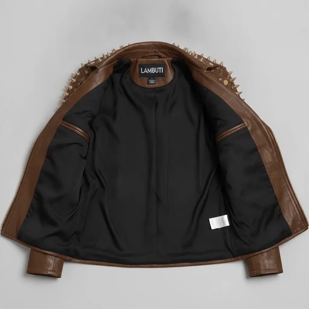 Women's Brown Golden Spiked Studded Leather Biker Jacket — Buckley