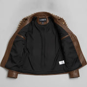 Women's Brown Golden Spiked Studded Leather Biker Jacket — Buckley