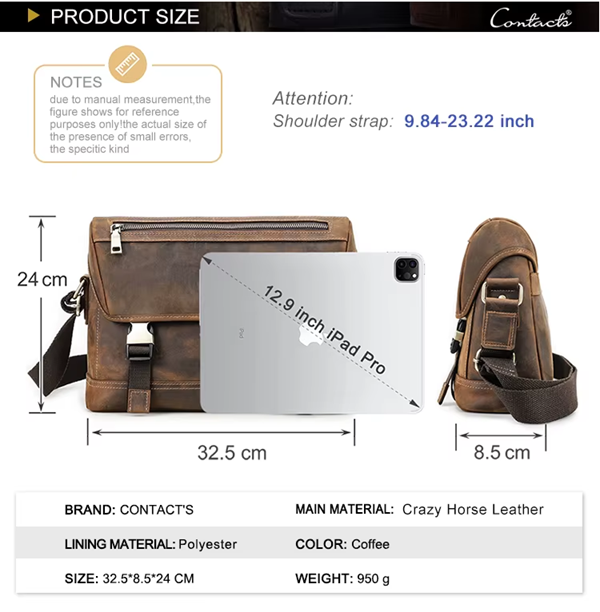 Men’s Crossbody Leather Messenger Bag - Curved Flap iPad Bag