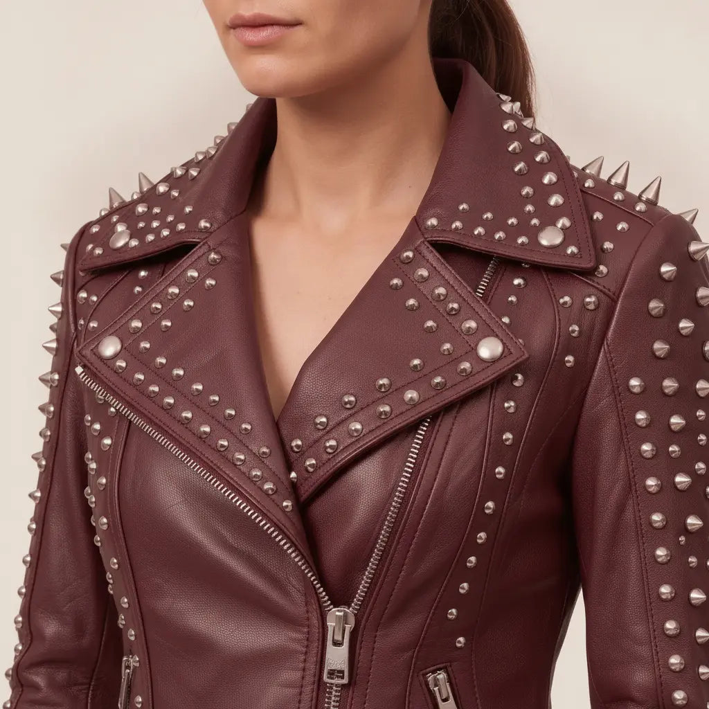 Women's Burgundy Studded Leather Biker Jacket — Acreley