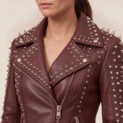 Women's Burgundy Studded Leather Biker Jacket — Acreley