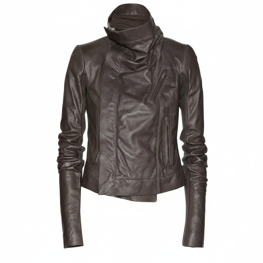 Handmade Women's Brown Wide Collar Leather Jacket