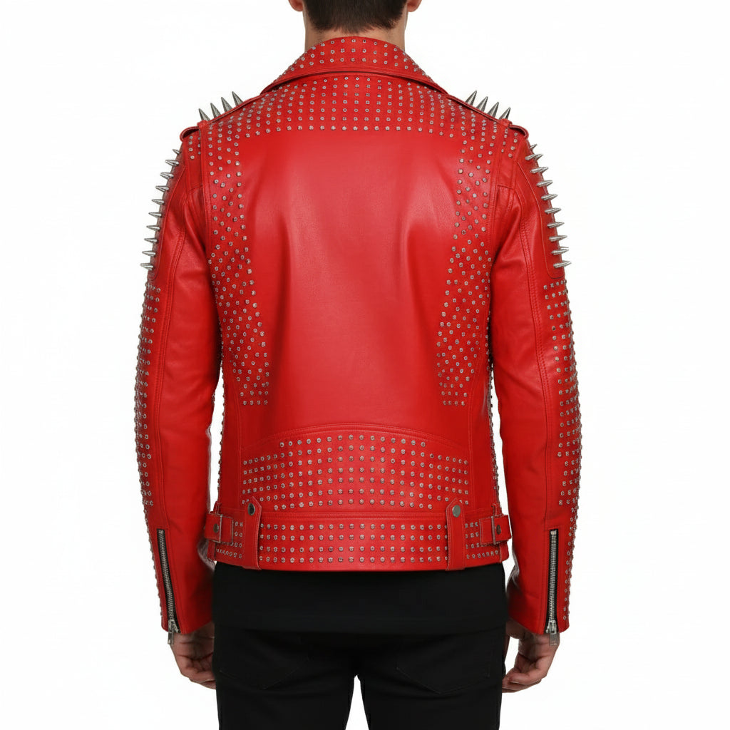 Handmade Hand Studded Red Spiked Leather Jacket for Men, Rivet Punk Studded Jacket
