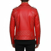 Handmade Hand Studded Red Spiked Leather Jacket for Men, Rivet Punk Studded Jacket