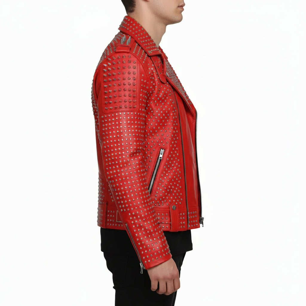 Handmade Hand Studded Red Spiked Leather Jacket for Men, Rivet Punk Studded Jacket