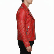 Handmade Hand Studded Red Spiked Leather Jacket for Men, Rivet Punk Studded Jacket