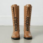 Men's Tan Cap-Toe Leather Knee-High Biker Boots