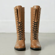 Men's Tan Cap-Toe Leather Knee-High Biker Boots — Beckham