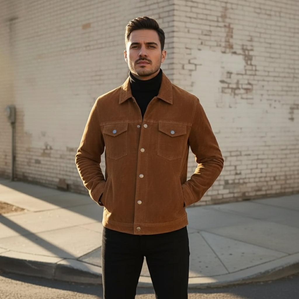 Men's Handmade Brown Suede Leather Trucker Jacket, Genuine Brown Western Soft Suede