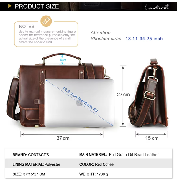 Men's Leather Laptop Messenger Bag, Convertible Backpack for Professionals