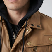 Men's Tan Hooded Leather Biker Jacket — Upton
