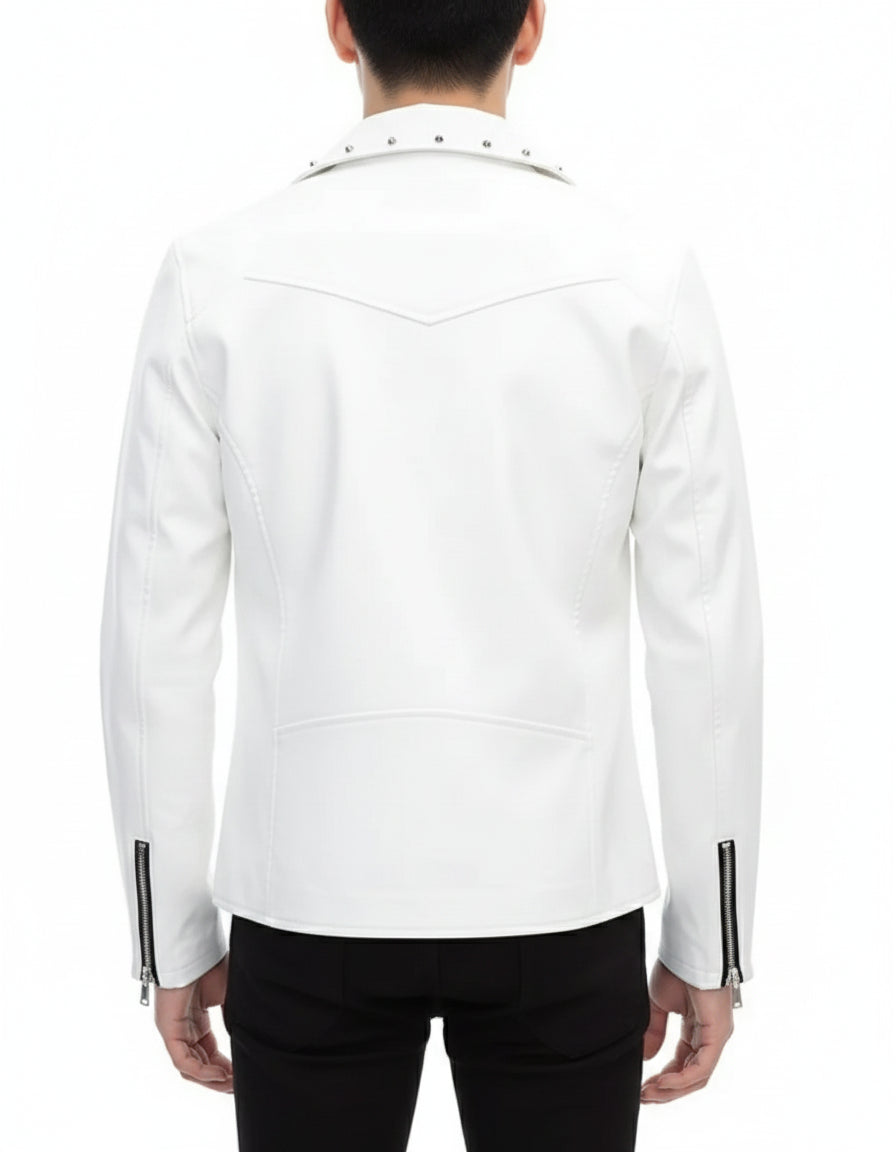 Handmade Mens Fashion White Biker Jacket, Mens White Studded Belted Jacket