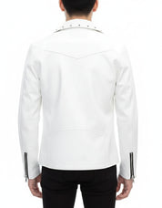 Handmade Mens Fashion White Biker Jacket, Mens White Studded Belted Jacket