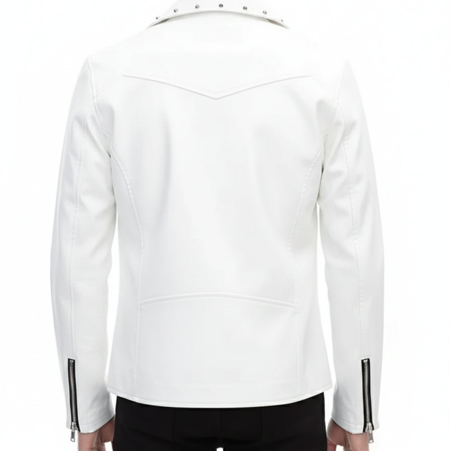 Handmade Mens Fashion White Biker Jacket, Mens White Studded Belted Jacket