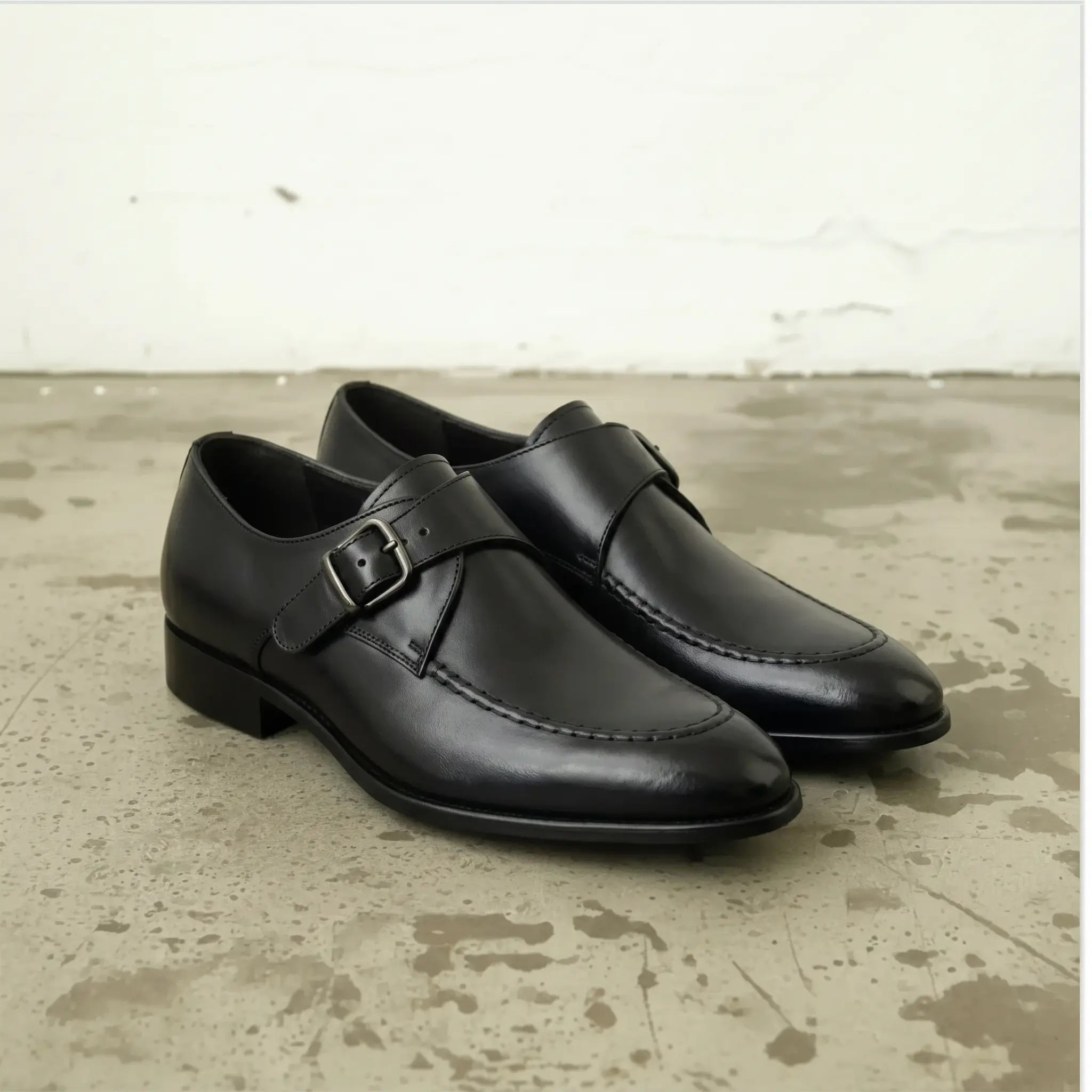 Men's Black Apron-Toe Leather Monk Strap Shoes — Axmouth — Axmouth