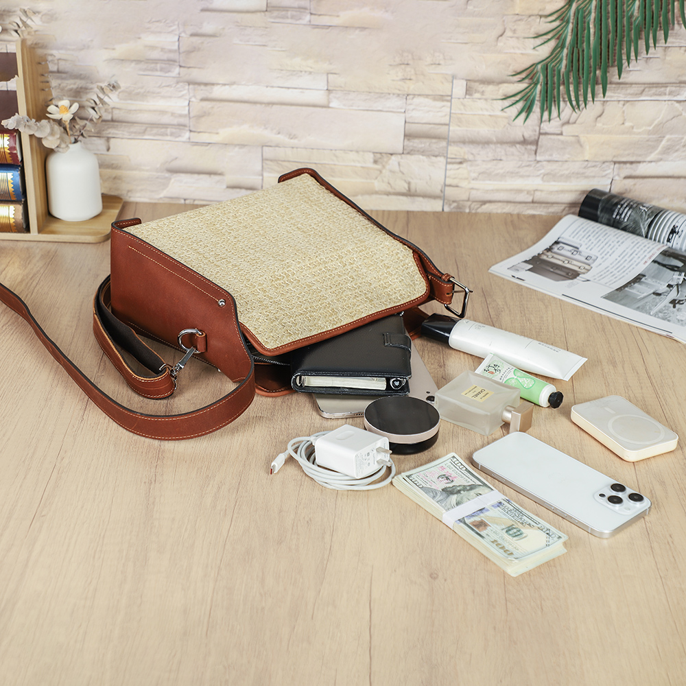 Women's Leather Trim Woven Straw Crossbody Shoulder Bag