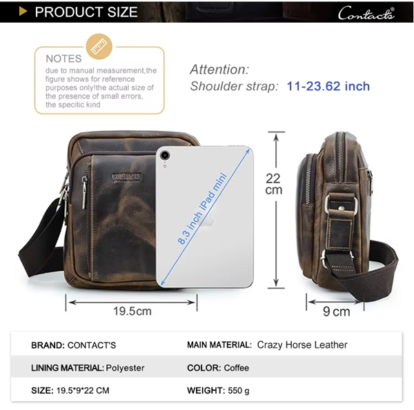 Men's Leather Messenger Bag, Large Capacity Crossbody Travel Bag