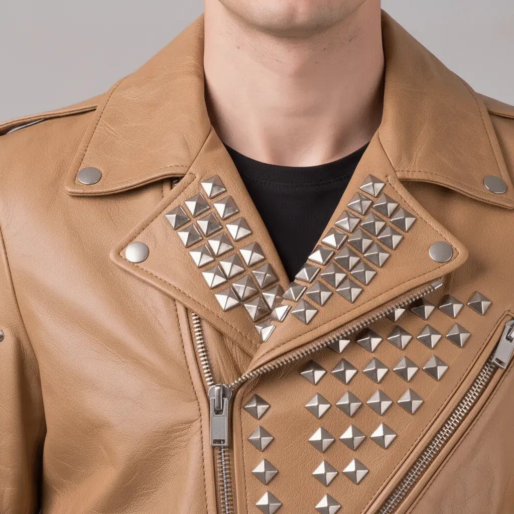 Men's Tan Studded Leather Biker Jacket — Greenshaw