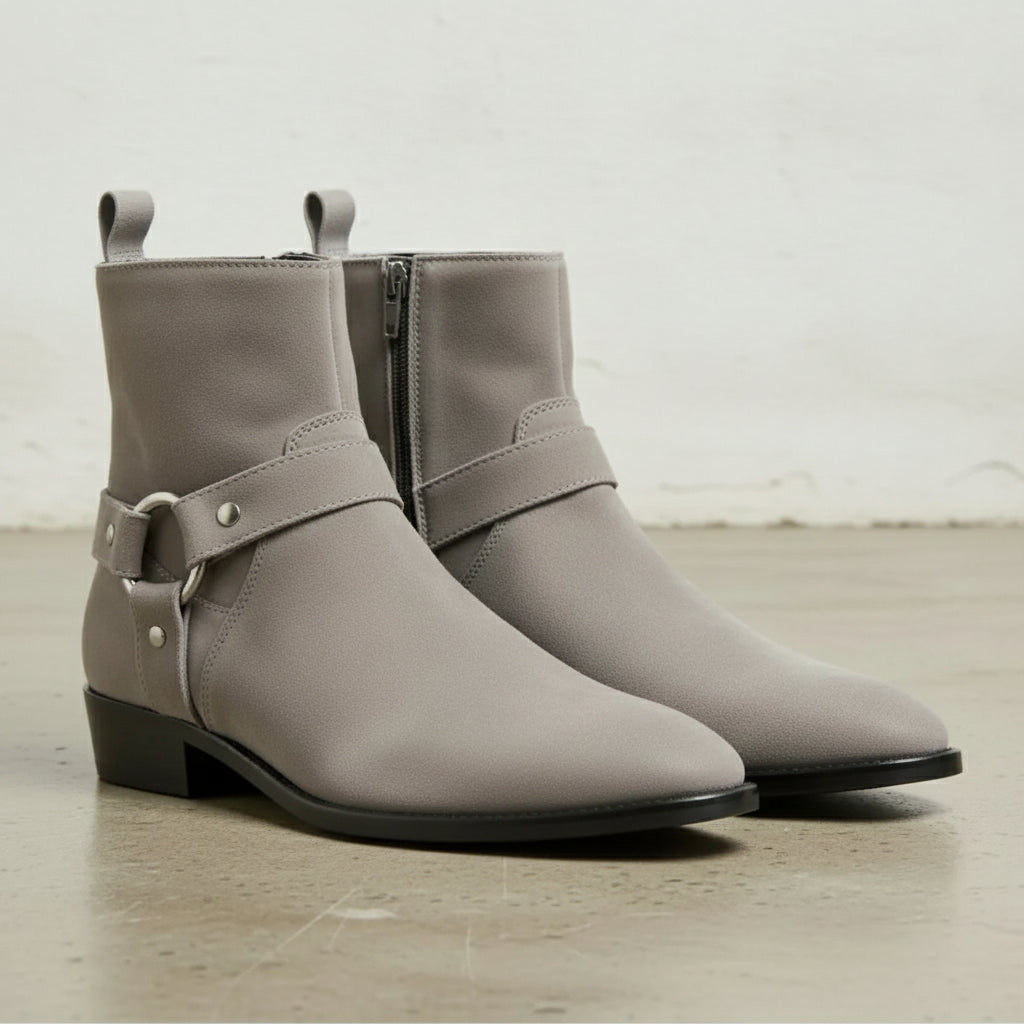 Men's Light Gray Plain-Toe Suede Biker Boots