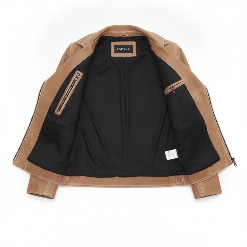 Women's Tan Leather Biker Jacket — Hobson