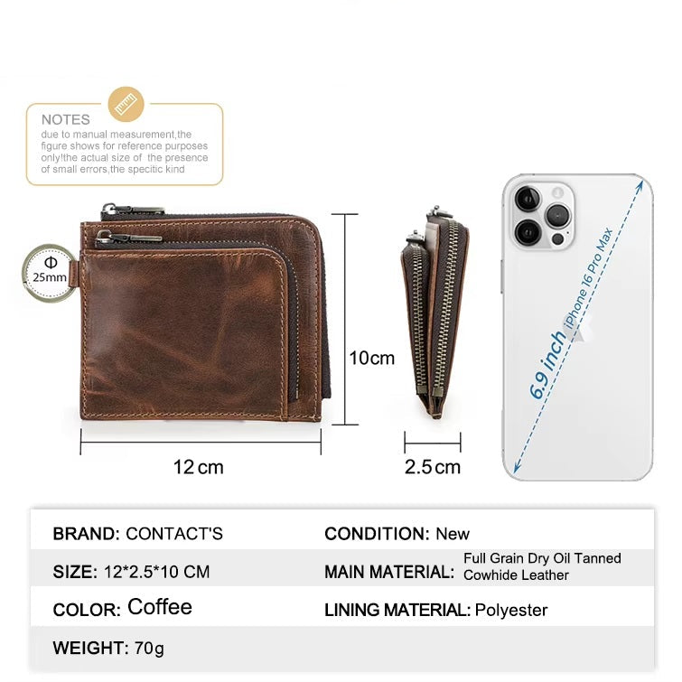 Men’s Genuine Leather Zipper Wallet with Keyring & AirTag Slot