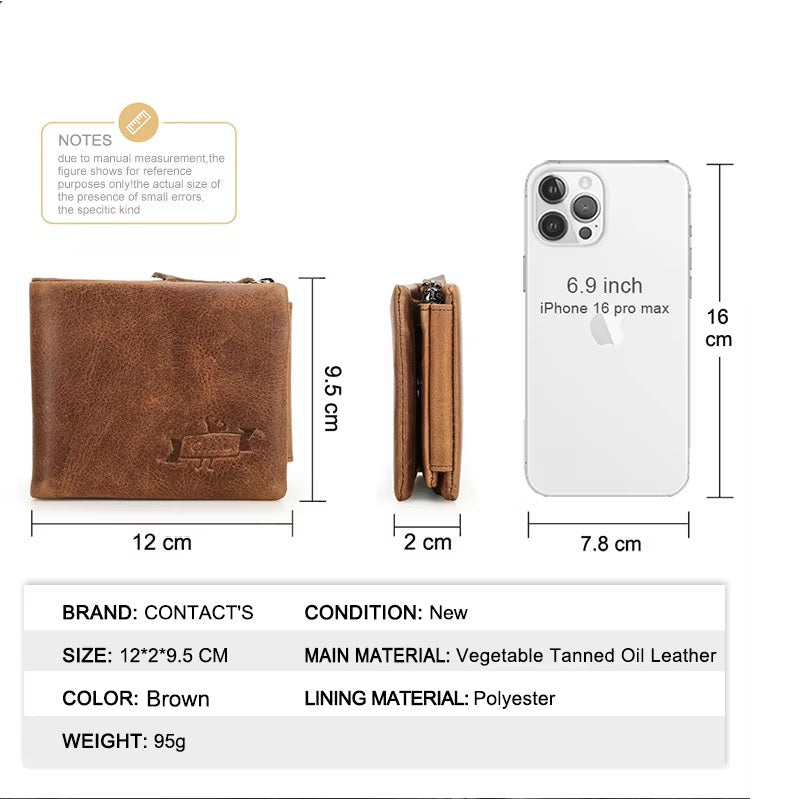 Genuine Leather Trifold Wallet for Men with Zipper Coin Pocket