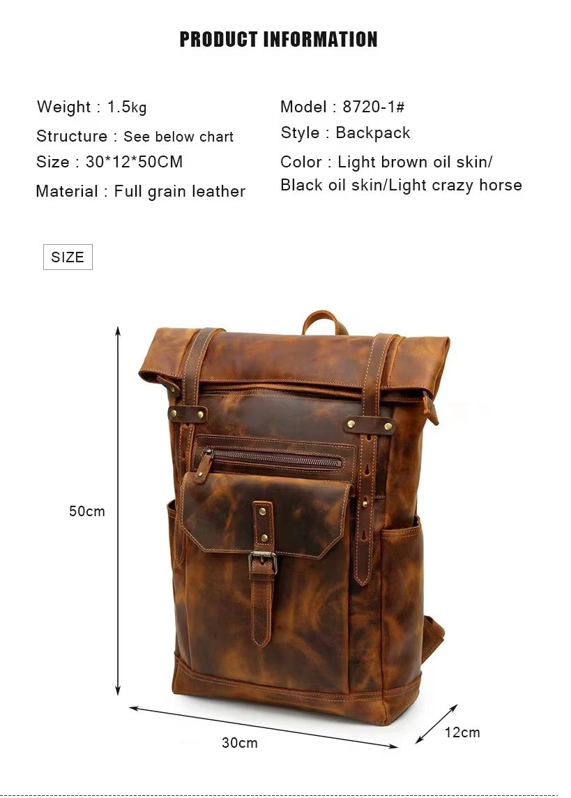 brown mens leather backpack Men's Brown Roll-Top Leather Backpack
