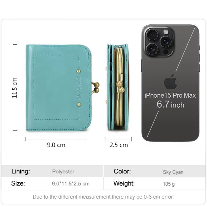 Women Leather Bifold Clutch Wallet with Metal Frame