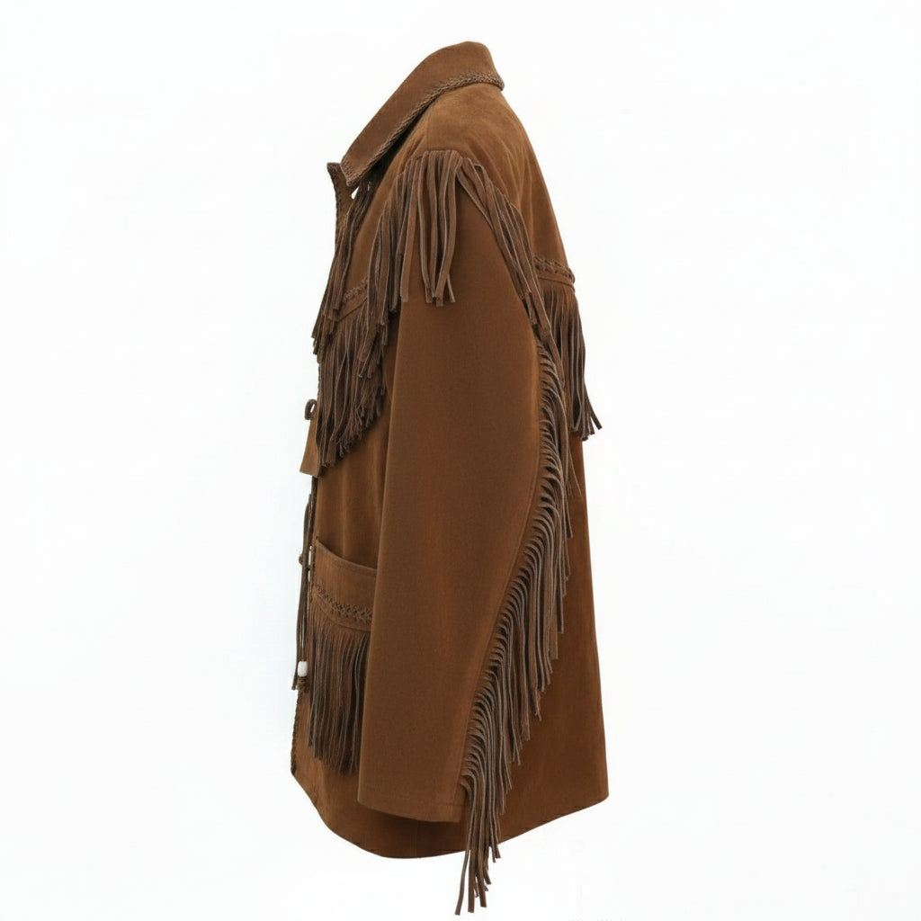 Handmade Men’s Tan Suede Western Fringe Jacket, Classic Cowboy Style