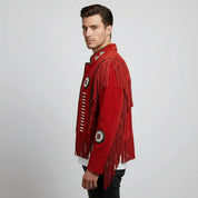 Men's Handmade Fringe Beaded Suede Leather Cowboy Jacket