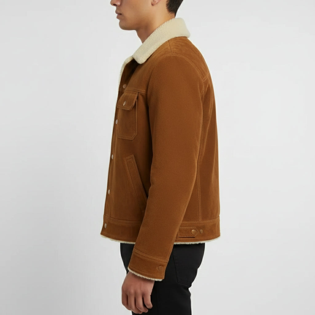 Men's Handmade Brown Suede Sherpa-Lined Trucker Jacket