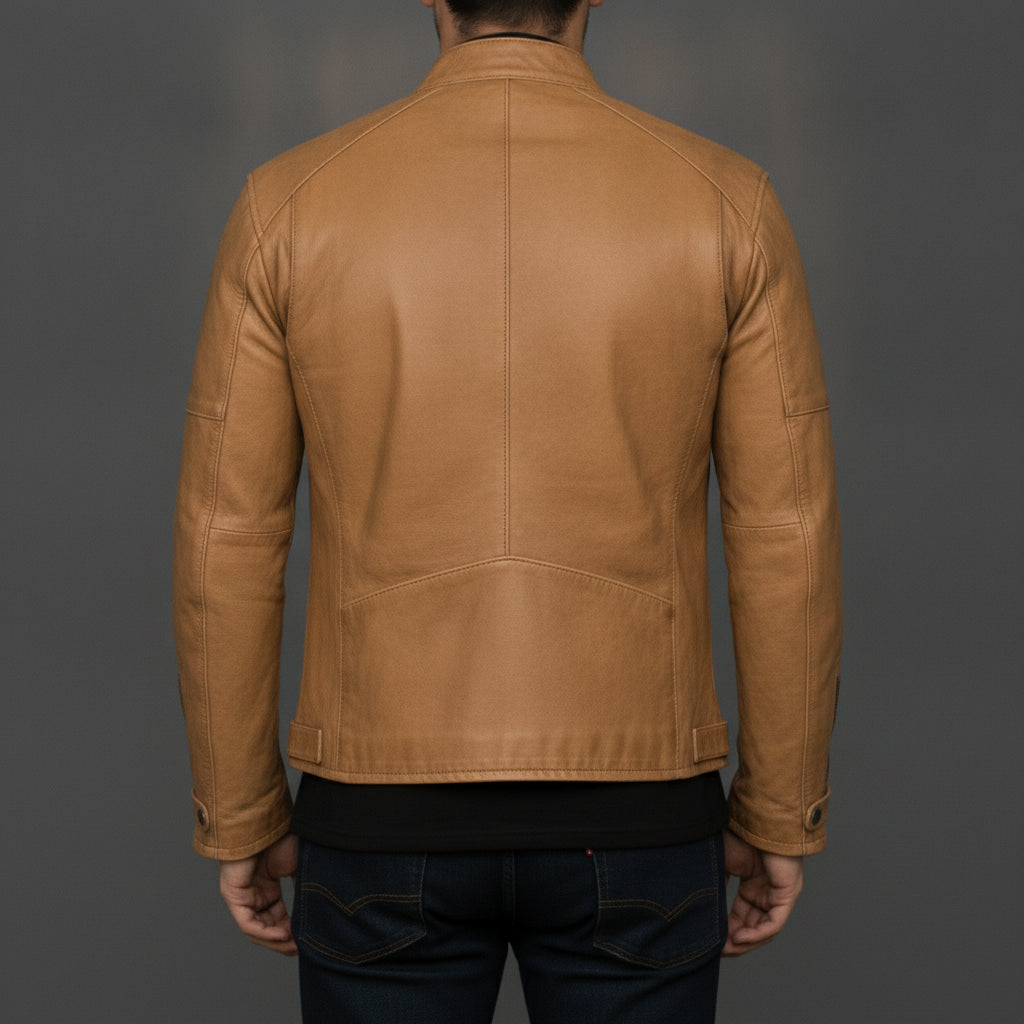 Men's Tan Distressed Leather Biker Jacket
