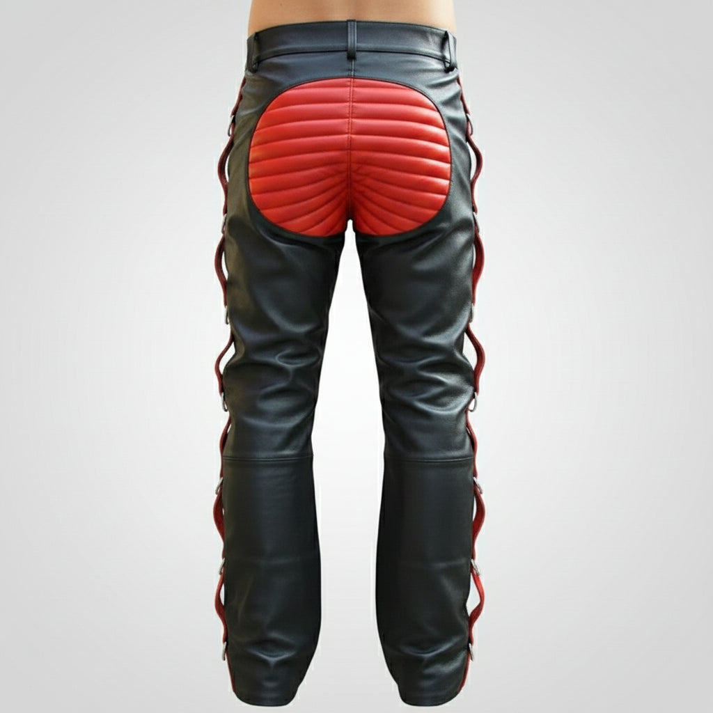 Handmade Men’s Black & Red Leather Biker Pants