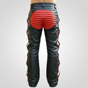 Handmade Men’s Black & Red Leather Biker Pants