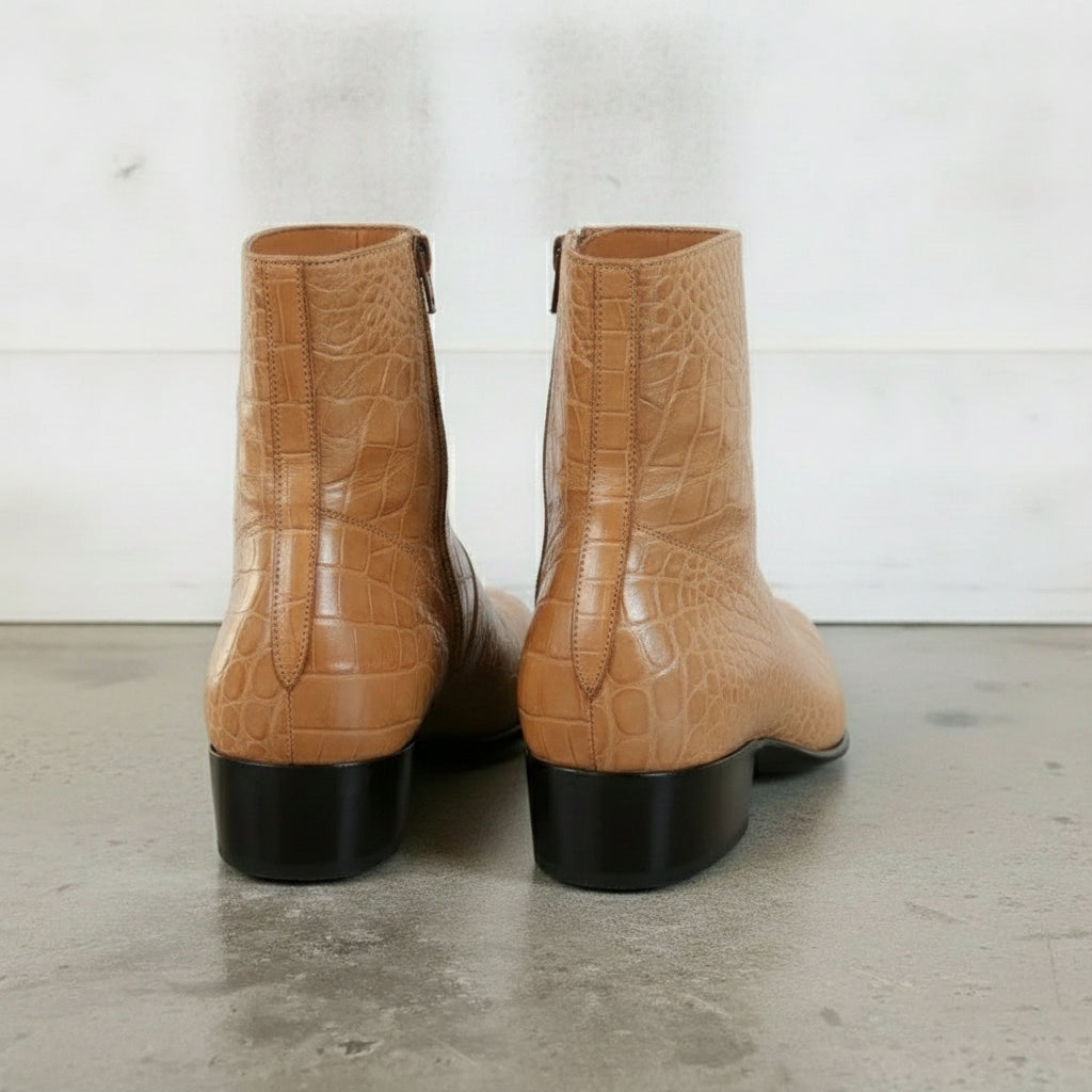Men's Tan Plain-Toe Crocodile-Embossed Leather Ankle Boots