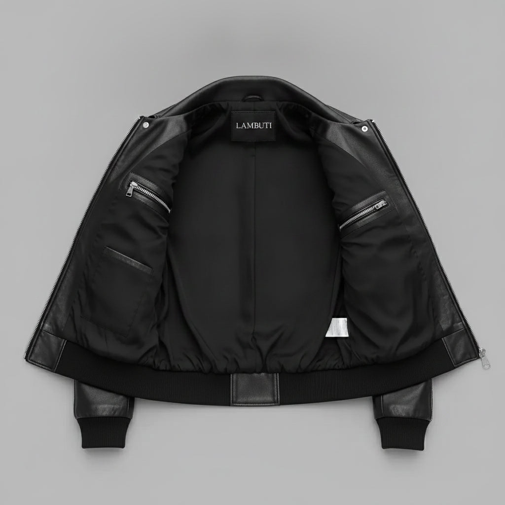 Men's Black Leather Moto Bomber Jacket