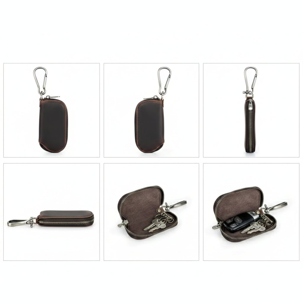 Men's Full-Grain Leather Key Wallet - Retro Zippered Car Key Organizer Case