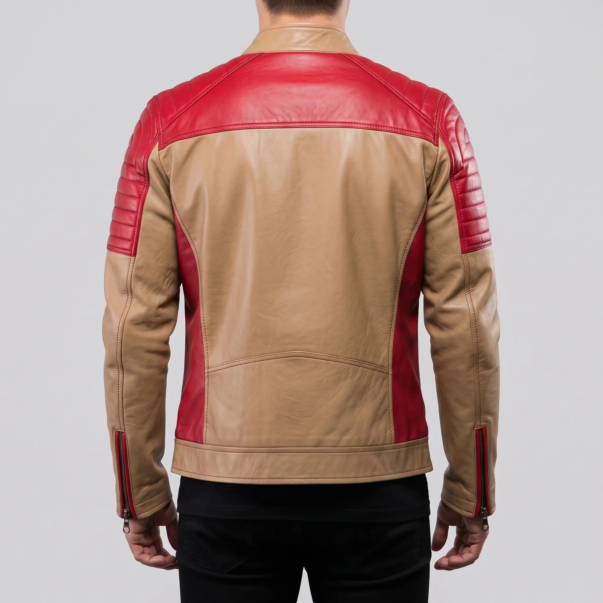 Men's Tan and Red Quilted Leather Cafe Racer Jacket — Egremont