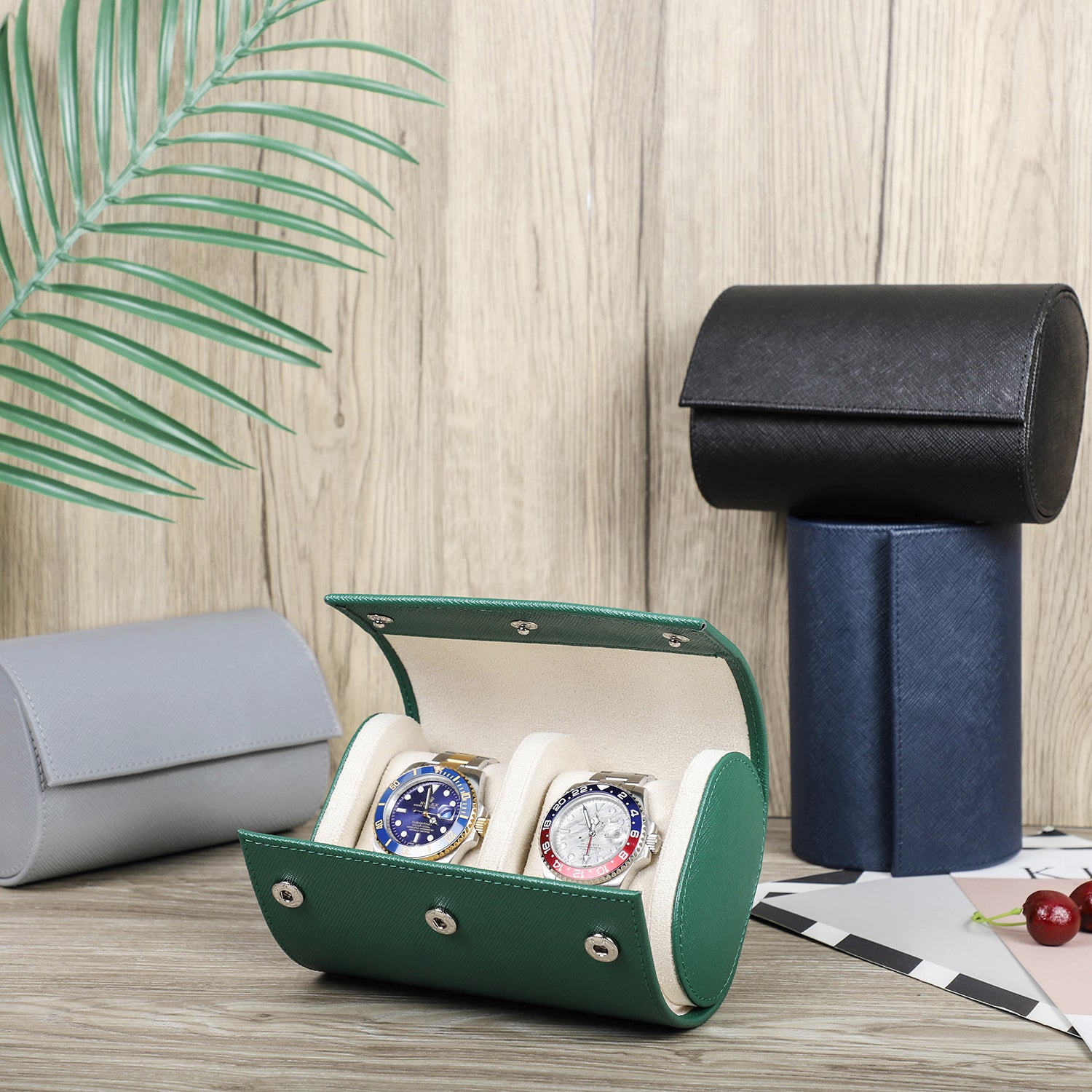 2 Slots Genuine Leather Watch Roll Travel Case