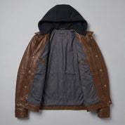 Men's Brown Hooded Leather Biker Jacket — Upton