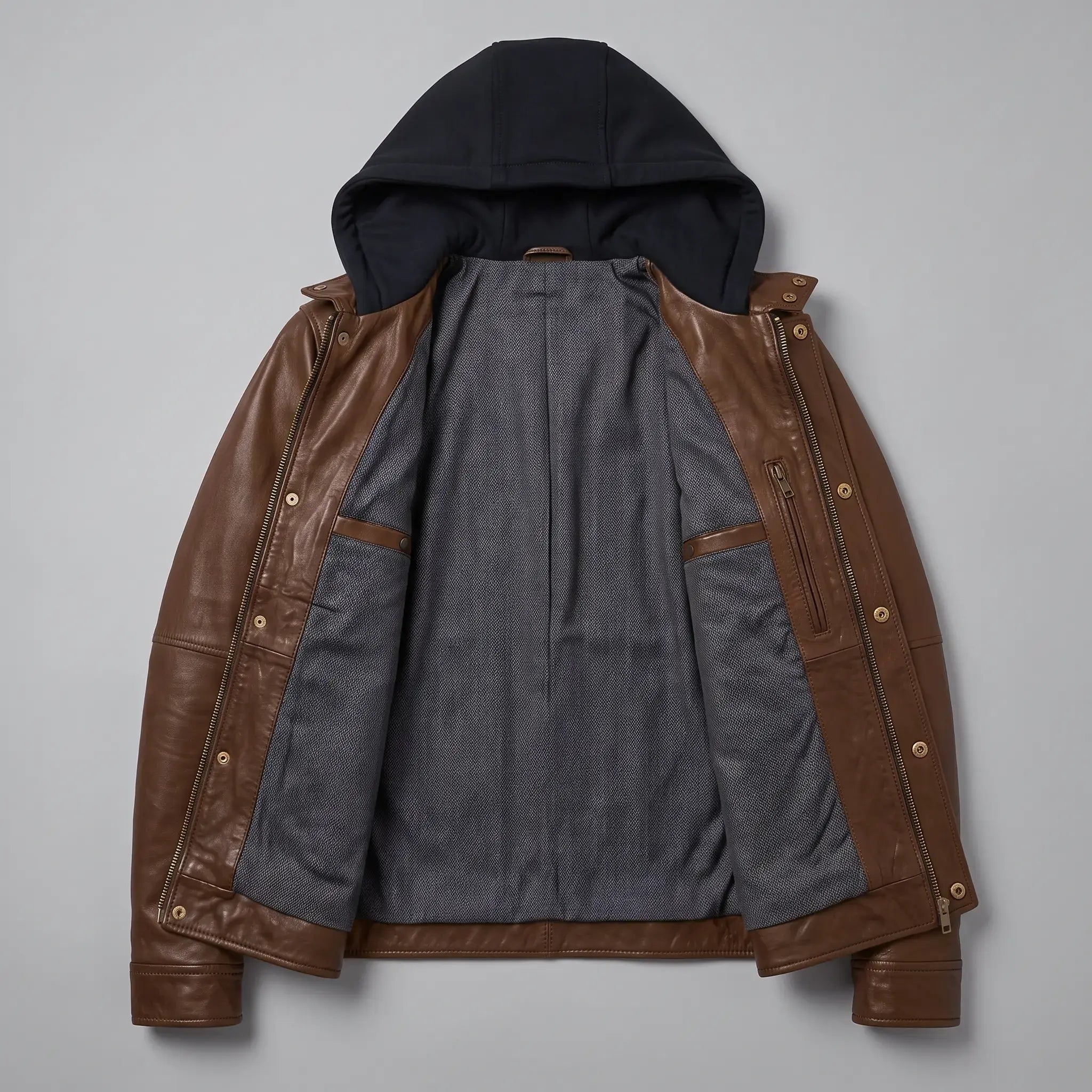 Men's Brown Hooded Leather Biker Jacket — Upton