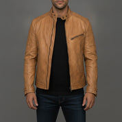 Men's Tan Distressed Leather Biker Jacket