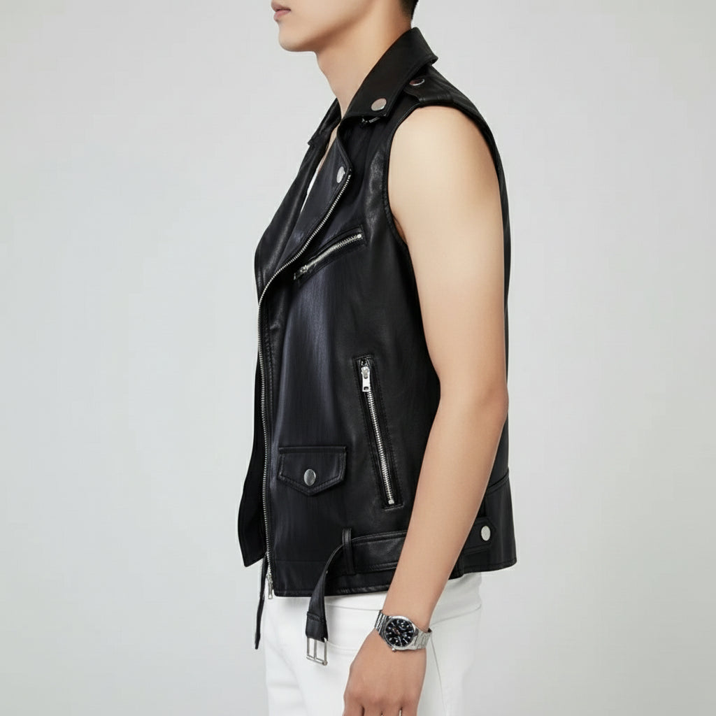 Men's Black Belted Vest Leather Jacket