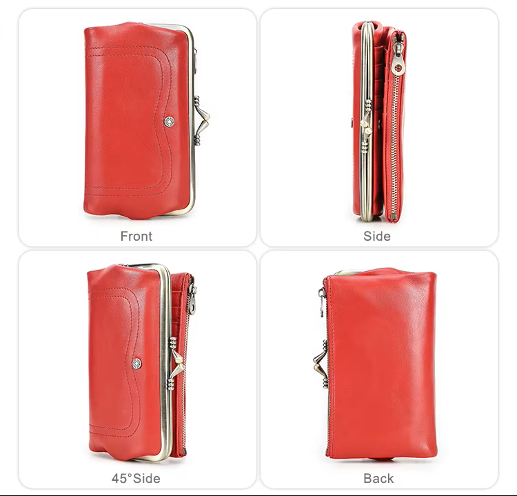Women's Full Grain Leather RFID Blocking Kiss-Lock Frame Wallet