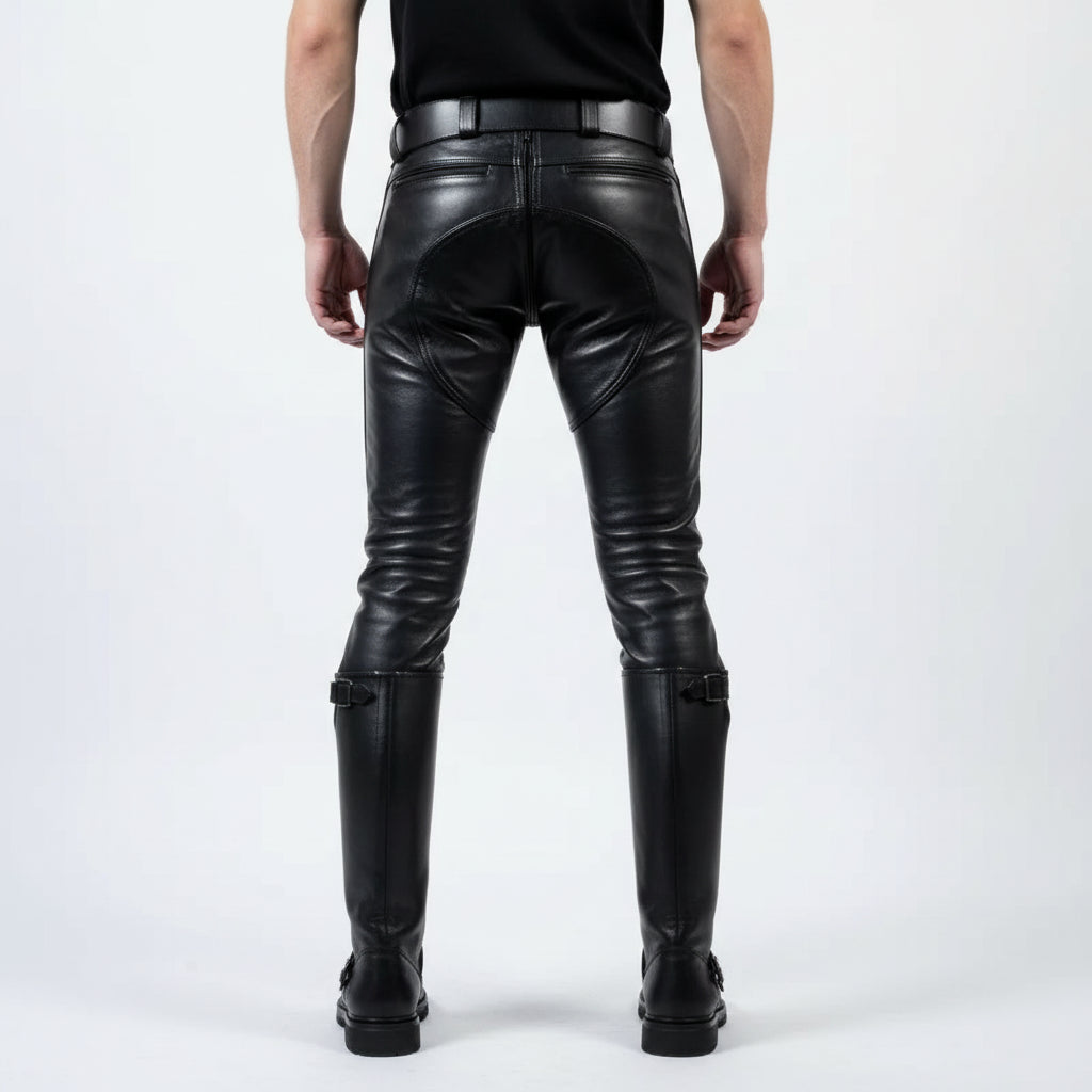 Punk Rock Men's Black Leather Pants, Quilted Detail Biker Trousers