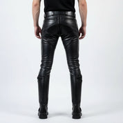 Punk Rock Men's Black Leather Pants, Quilted Detail Biker Trousers