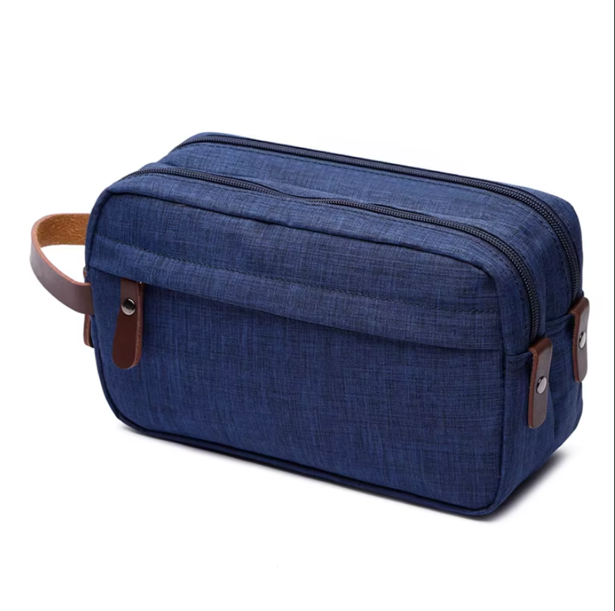 Handmade Canvas Zipper Waterproof Cosmetic Bag with Leather Handles